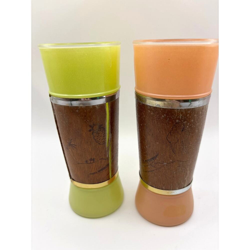 Siesta Ware 1960s Tiki Bar Wood Grip Frosted Glasses Set of (2) Two Vintage